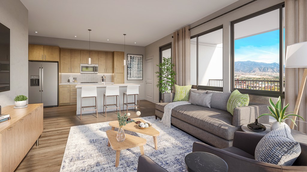 a rendering of a living room and kitchen in an apartment